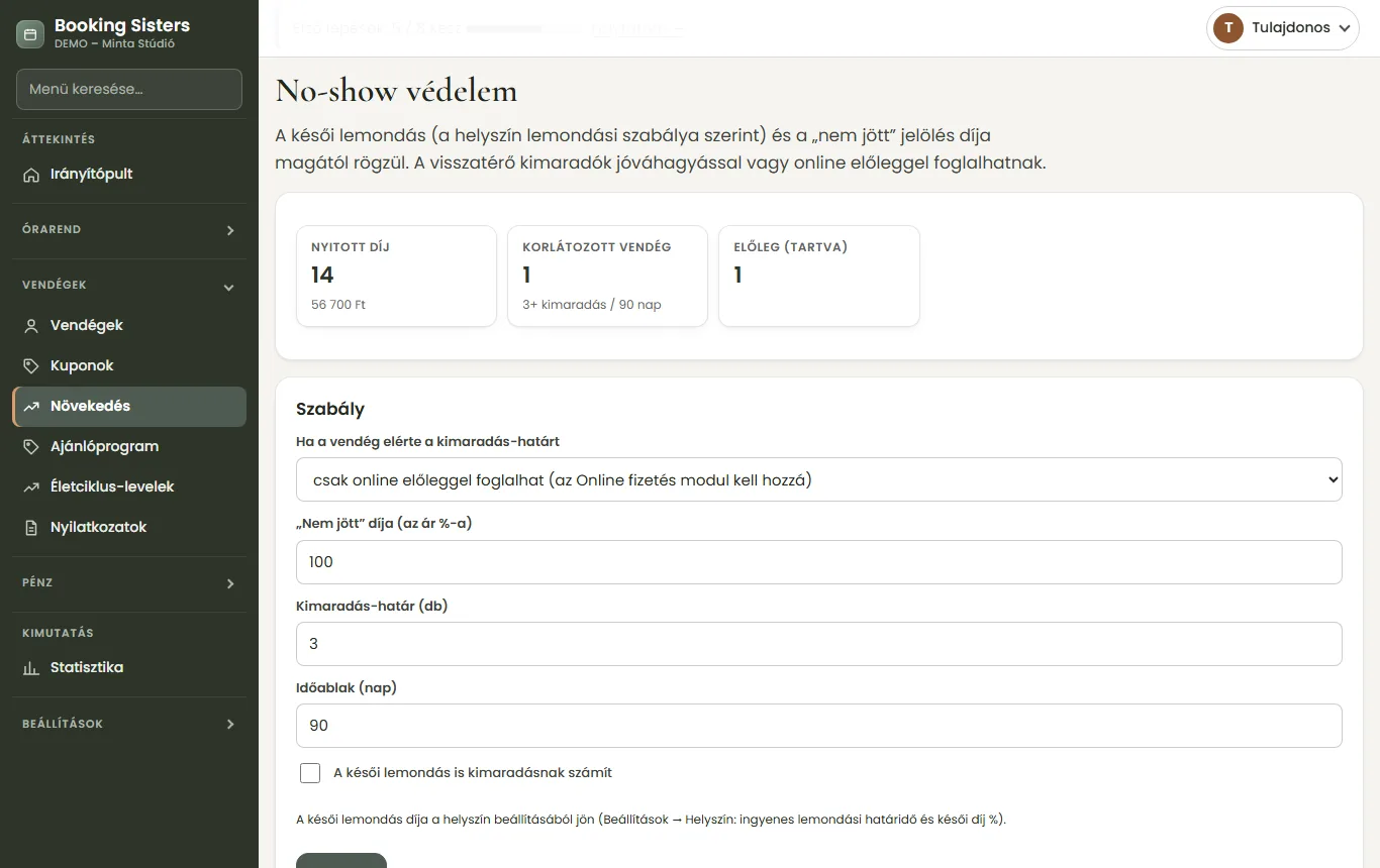 No-show védelem: nyitott díjak, korlátozott vendég, előleg-szabály a visszatérő kimaradóknak