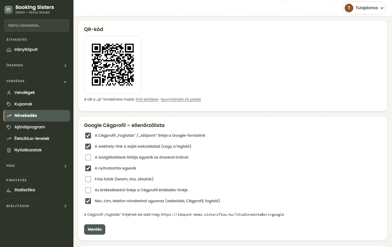 Láthatóság: QR-kód, Google Cégprofil-ellenőrzőlista és forrásonkénti foglalási statisztika