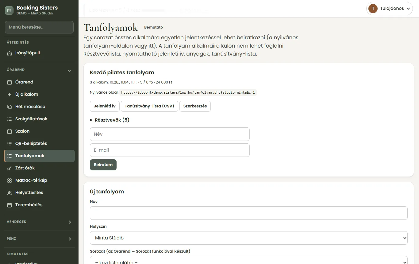 Tanfolyamok: több alkalmas tanfolyam résztvevőkkel, jelenléti ívvel és tanúsítvány-listával