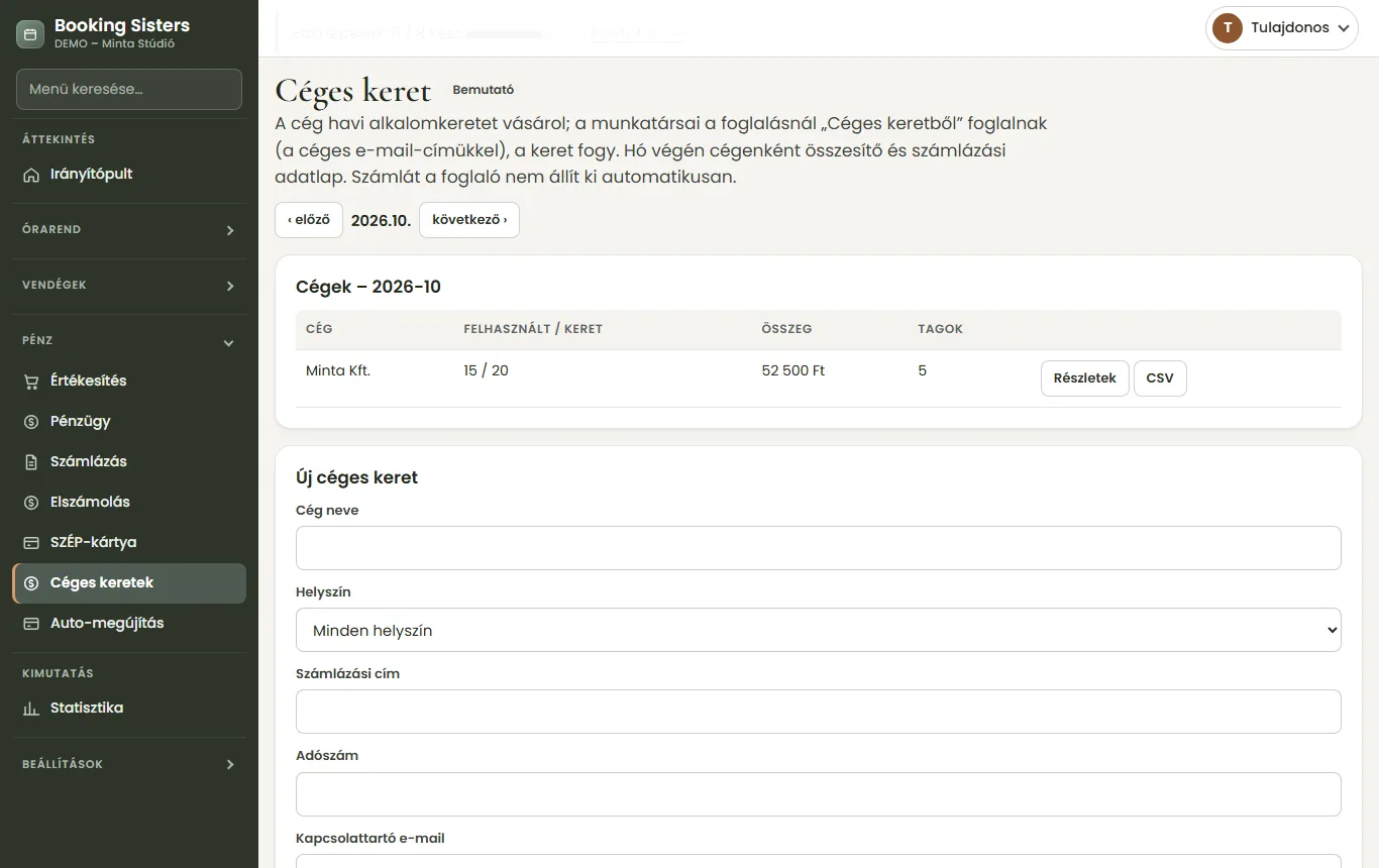 Céges keret: a cég havi alkalomkerete, felhasznált alkalmak, összeg és tagok száma
