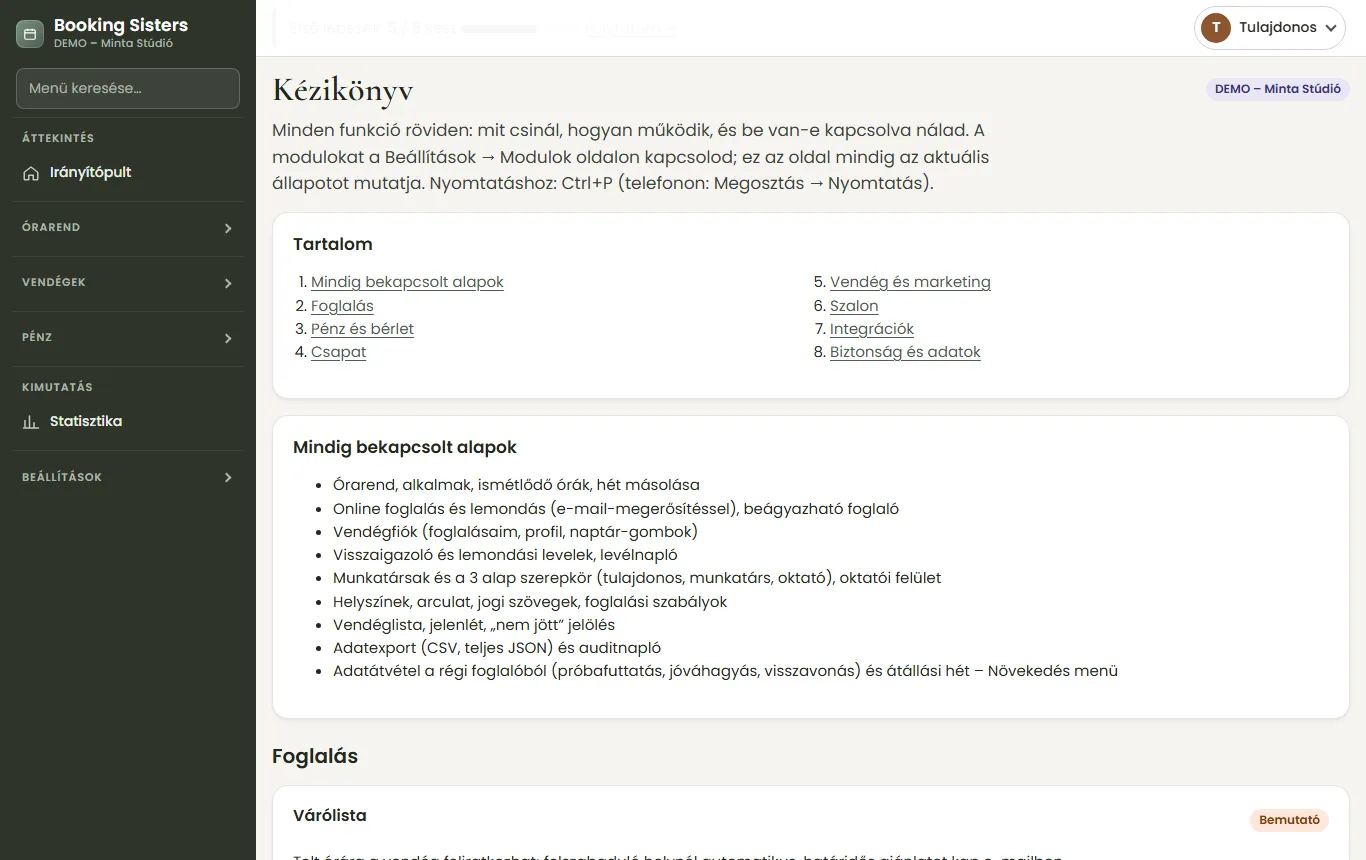 Kézikönyv: tartalomjegyzék és a mindig bekapcsolt alapok listája, alatta modulonkénti leírások