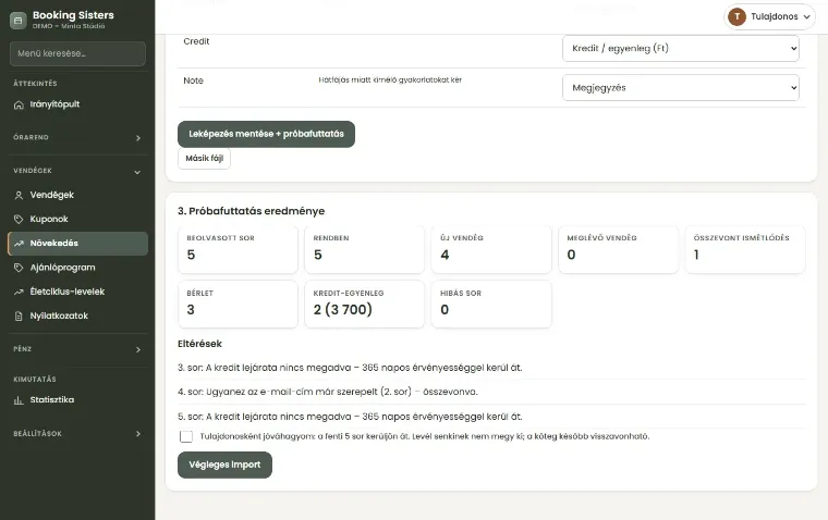 Adatátvétel a régi foglalóból: próbafuttatás eredménye és jóváhagyás