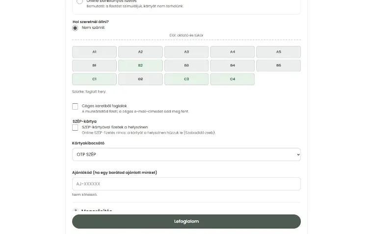 Foglalási űrlap matrac-térképpel, a foglalt helyek szürkék