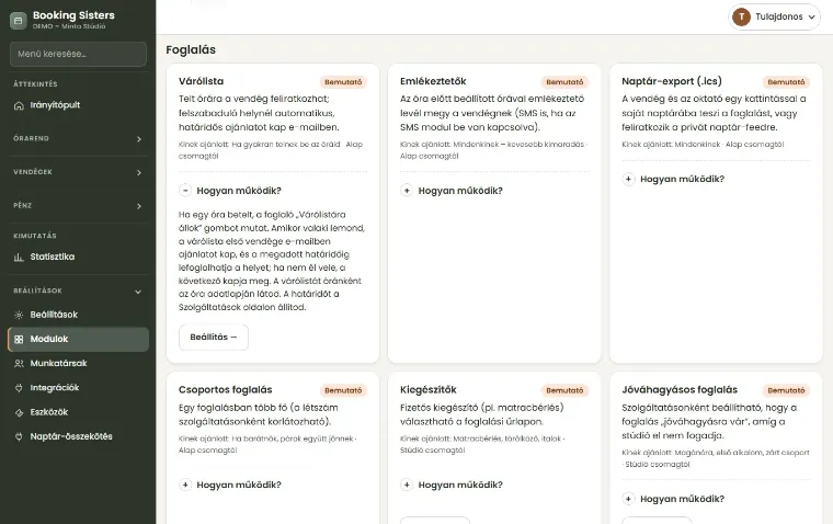 A Modulok oldal: modulkártyák csoportonként, mindegyiknél kapcsoló és Hogyan működik leírás