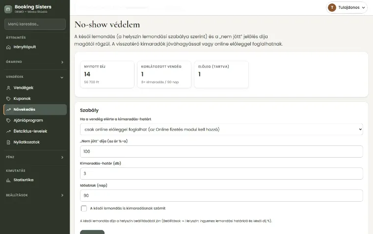 No-show védelem: nyitott díjak, korlátozott vendég, előleg-szabály