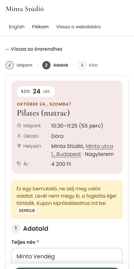 Foglalási űrlap telefonon: az óra adatai, időpont, oktató, helyszín és ár, alatta a vendég adatai