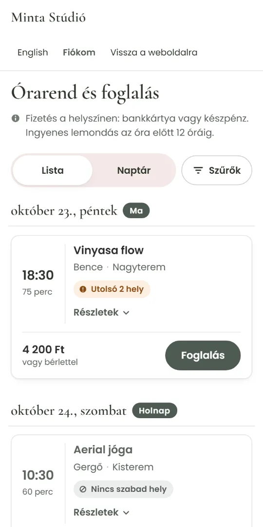 A vendég nézete telefonon: órarend listanézetben, Foglalás és Várólista gombbal